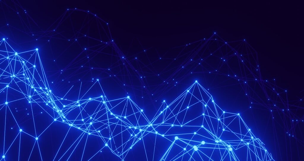 Futuristic sleek neural network visualization emerging from glowing microchip, professional data center background, ambient blue lighting, human hand reaching toward holographic AI interface, clean mo